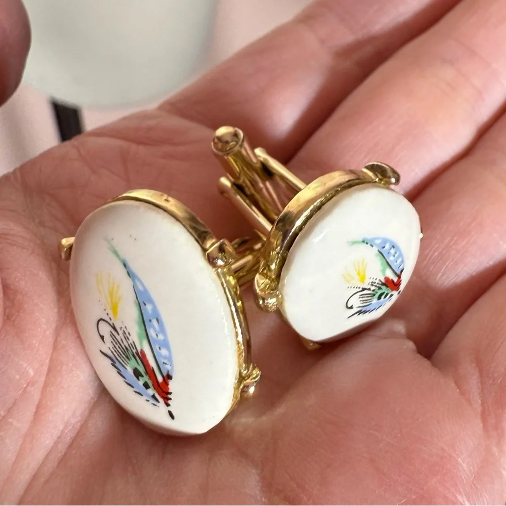 Vintage 1960 70’s MCM Eclectic Grandpa Oversized Fishing Cufflinks